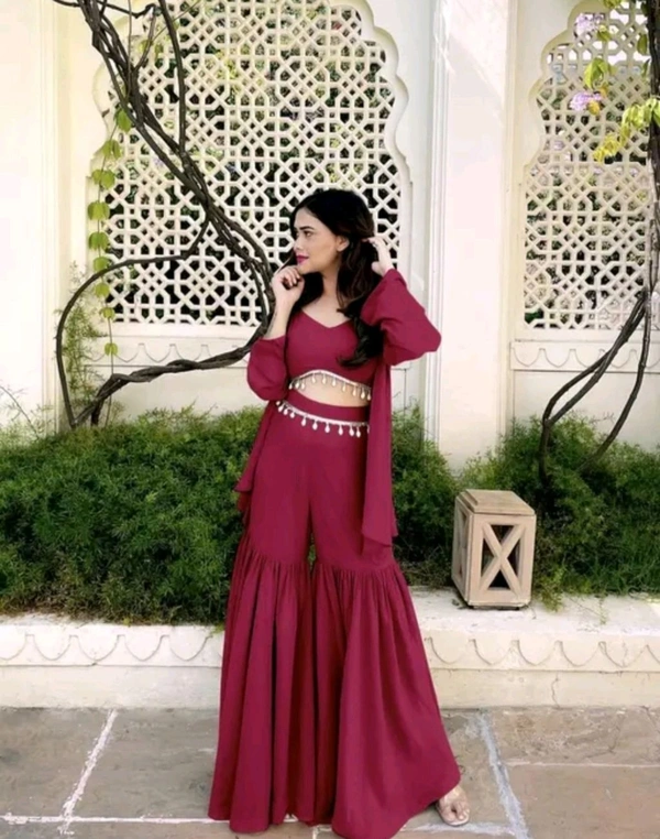 Designer Gorgeous Faux Georgette Brown Sharara with Stylish Kodi Lace Top Co-Ord Set and Shrug for Celebration, Wedding, and Engagements. - Claret, XS