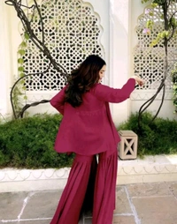 Designer Gorgeous Faux Georgette Brown Sharara with Stylish Kodi Lace Top Co-Ord Set and Shrug for Celebration, Wedding, and Engagements. - Claret, XXS
