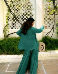 Designer Gorgeous Faux Georgette Brown Sharara with Stylish Kodi Lace Top Co-Ord Set and Shrug for Celebration, Wedding, and Engagements. - Plantation, XXS