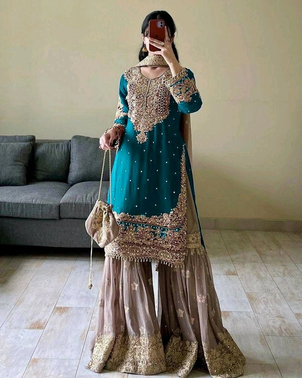 Real Mirror and Codding Siqunce Embroidery Kurti Embroidered Kurta, Sharara & Dupatta Set - Daintree, XL