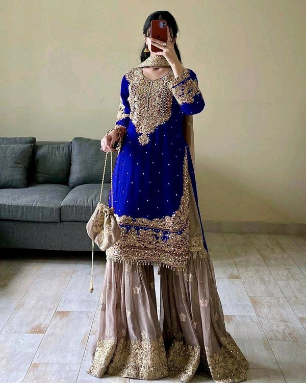 Real Mirror and Codding Siqunce Embroidery Kurti Embroidered Kurta, Sharara & Dupatta Set - Stratos, XL