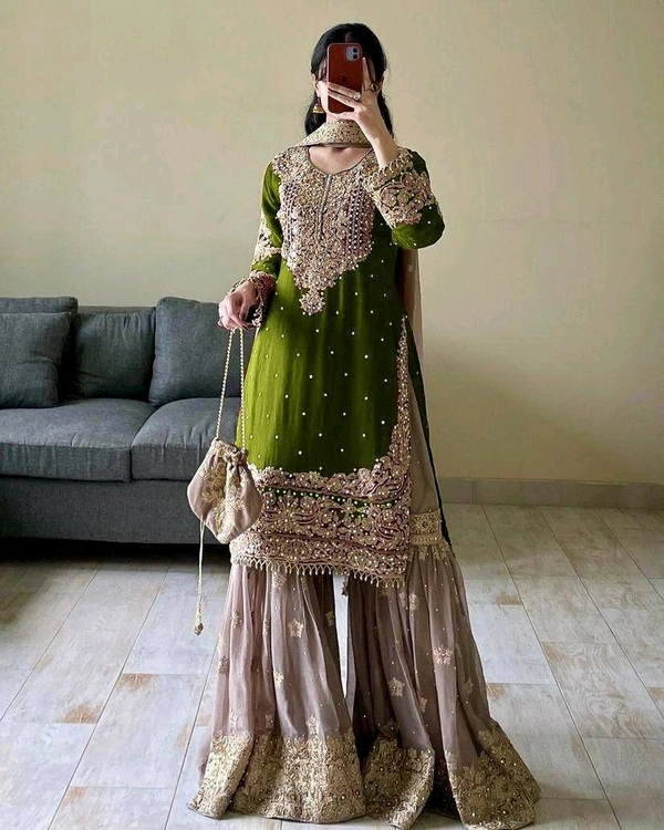 Real Mirror and Codding Siqunce Embroidery Kurti Embroidered Kurta, Sharara & Dupatta Set - Trendy Green, XXL