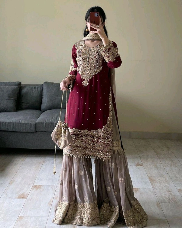 Real Mirror and Codding Siqunce Embroidery Kurti Embroidered Kurta, Sharara & Dupatta Set - Black Rose, L