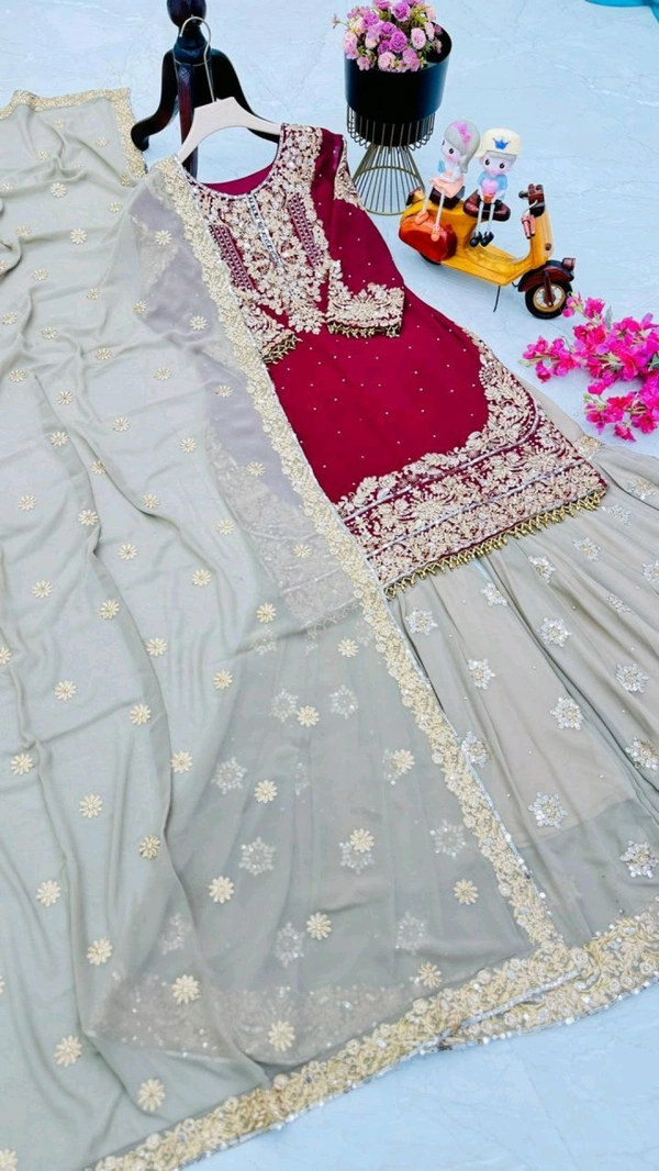 Real Mirror and Codding Siqunce Embroidery Kurti Embroidered Kurta, Sharara & Dupatta Set - Black Rose, L