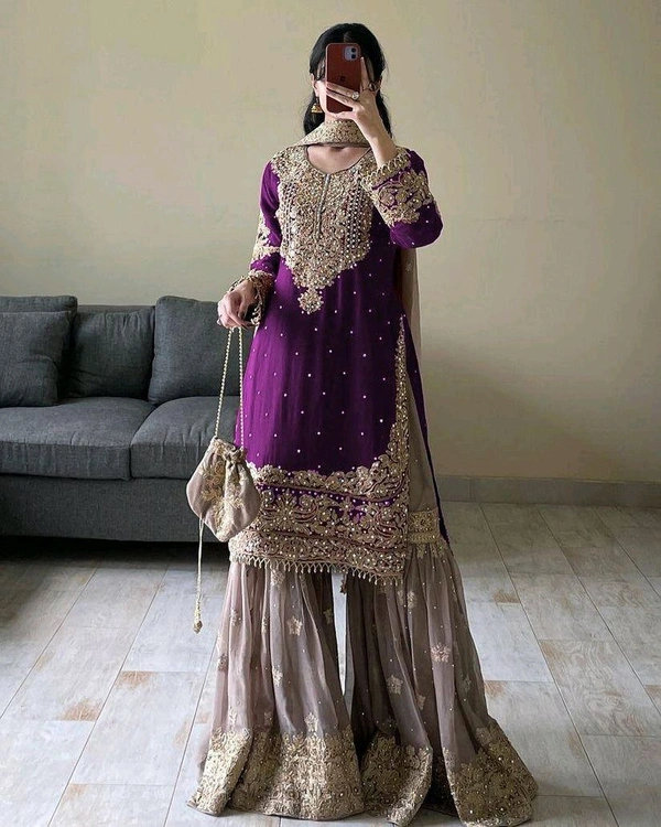 Real Mirror and Codding Siqunce Embroidery Kurti Embroidered Kurta, Sharara & Dupatta Set - Bossanova, L