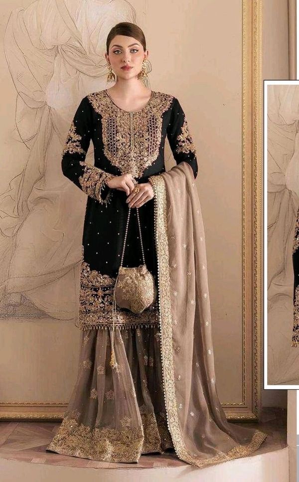 Real Mirror and Codding Siqunce Embroidery Kurti Embroidered Kurta, Sharara & Dupatta Set - Black, L