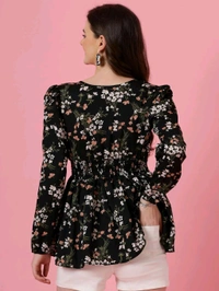 Women's Casual Puff Sleeves Floral Print Peplum Top - Black, M