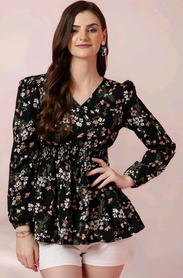 Women's Casual Puff Sleeves Floral Print Peplum Top - Black, 2XL