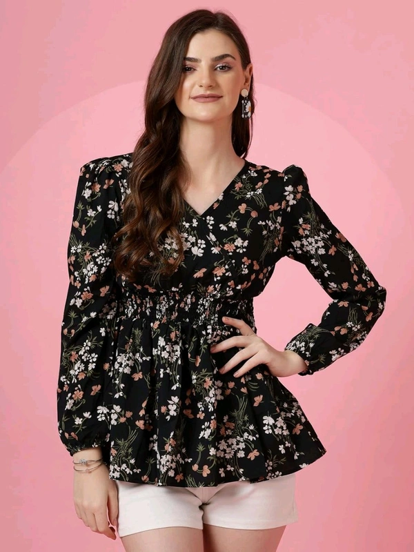 Women's Casual Puff Sleeves Floral Print Peplum Top - Black, 2XL
