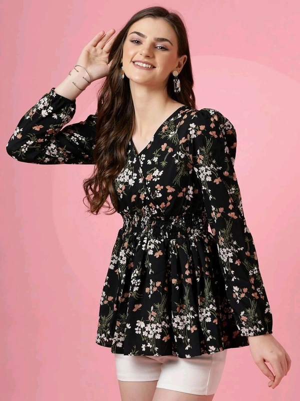 Women's Casual Puff Sleeves Floral Print Peplum Top - Black, 2XL