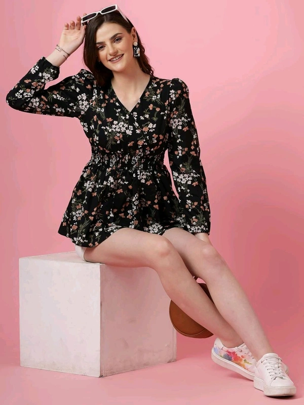 Women's Casual Puff Sleeves Floral Print Peplum Top - Black, 2XL