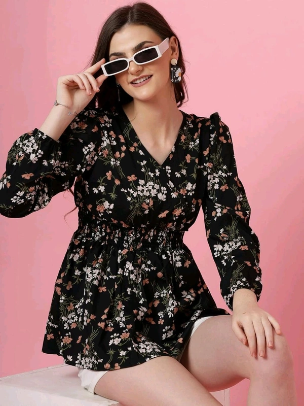 Women's Casual Puff Sleeves Floral Print Peplum Top - Black, 2XL