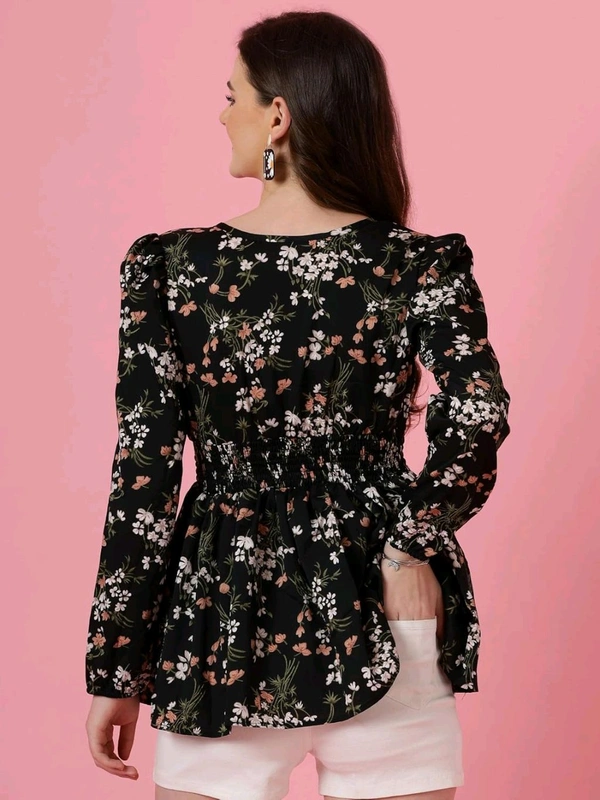 Women's Casual Puff Sleeves Floral Print Peplum Top - Black, 2XL