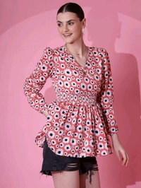 Women's Casual Puff Sleeves Floral Print Peplum Top - Mandy, L