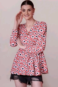 Women's Casual Puff Sleeves Floral Print Peplum Top - Mandy, M