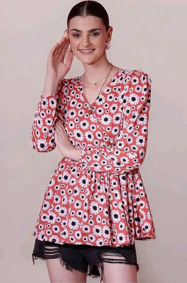 Women's Casual Puff Sleeves Floral Print Peplum Top - Mandy, M