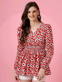 Women's Casual Puff Sleeves Floral Print Peplum Top - Thunderbird, M