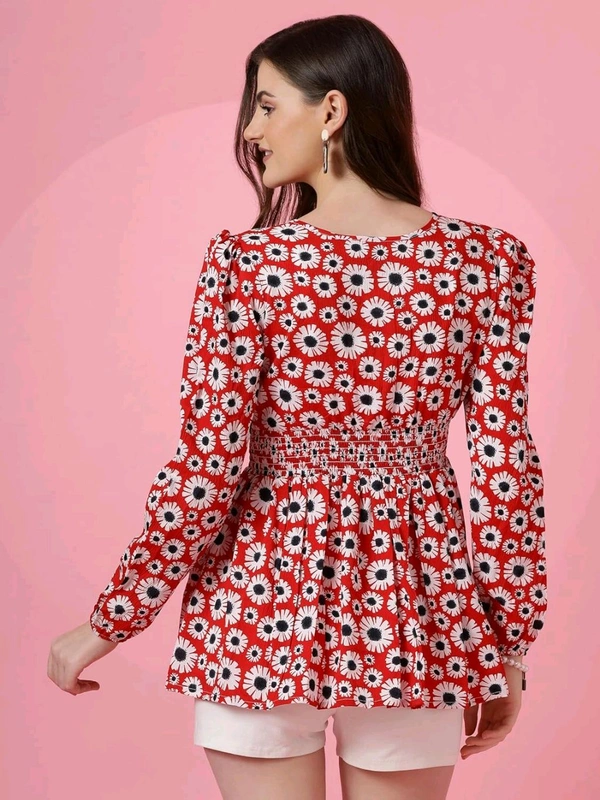 Women's Casual Puff Sleeves Floral Print Peplum Top - Thunderbird, S