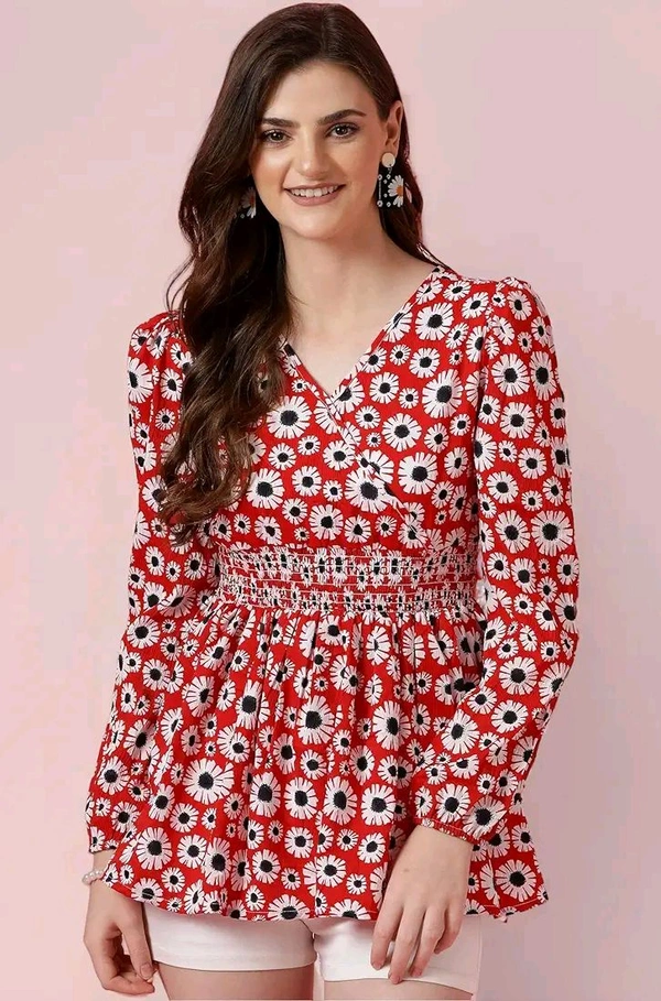 Women's Casual Puff Sleeves Floral Print Peplum Top - Thunderbird, XS