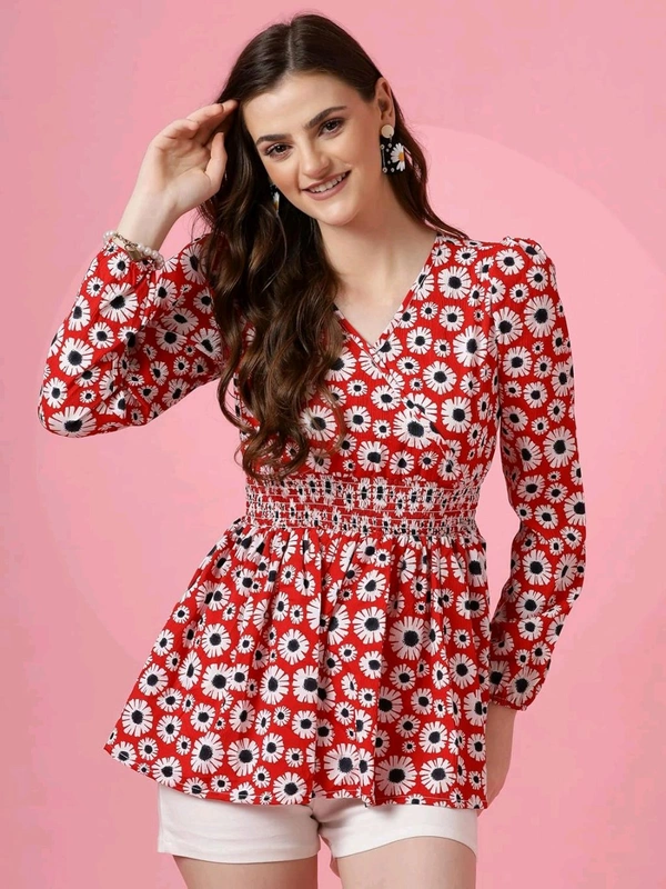 Women's Casual Puff Sleeves Floral Print Peplum Top - Thunderbird, XS