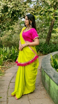 Vibrant Lime Green Georgette Saree with Lace Border and Tassels - Harlequin, Free Size