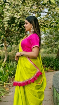 Vibrant Lime Green Georgette Saree with Lace Border and Tassels - Harlequin, Free Size