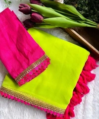 Vibrant Lime Green Georgette Saree with Lace Border and Tassels - Harlequin, Free Size