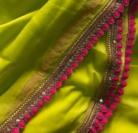 Vibrant Lime Green Georgette Saree with Lace Border and Tassels - Harlequin, Free Size