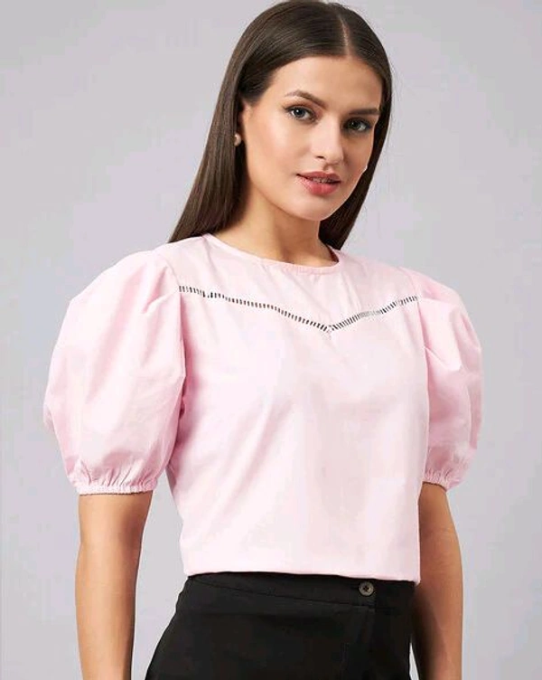 women Pink Round Neck Puff Sleeves Smart Top - Vanilla Ice, M