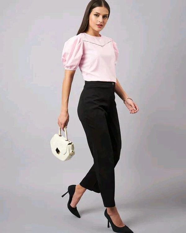 women Pink Round Neck Puff Sleeves Smart Top - Vanilla Ice, M