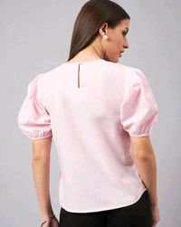 women Pink Round Neck Puff Sleeves Smart Top - Vanilla Ice, XS