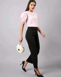 women Pink Round Neck Puff Sleeves Smart Top - Vanilla Ice, XS