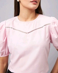 women Pink Round Neck Puff Sleeves Smart Top - Vanilla Ice, XS