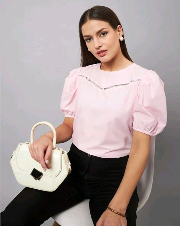 women Pink Round Neck Puff Sleeves Smart Top - Vanilla Ice, XXS