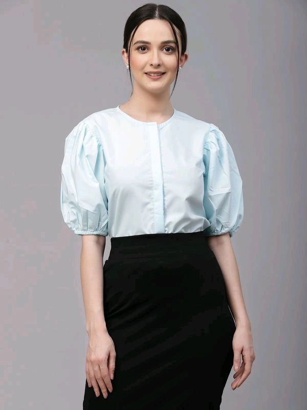 women Pink Round Neck Puff Sleeves Smart Top - Geyser, S