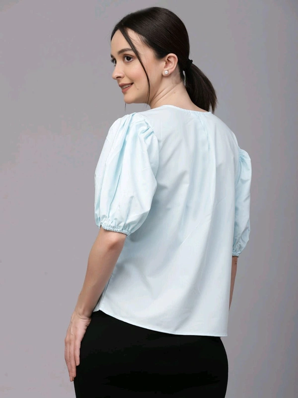 women Pink Round Neck Puff Sleeves Smart Top - Geyser, S