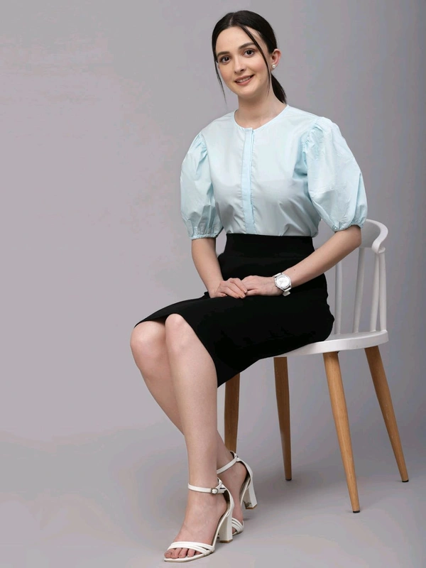women Pink Round Neck Puff Sleeves Smart Top - Geyser, S