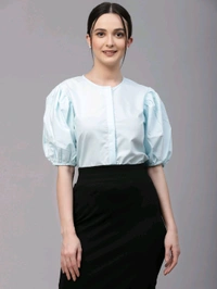 women Pink Round Neck Puff Sleeves Smart Top - Geyser, XXS