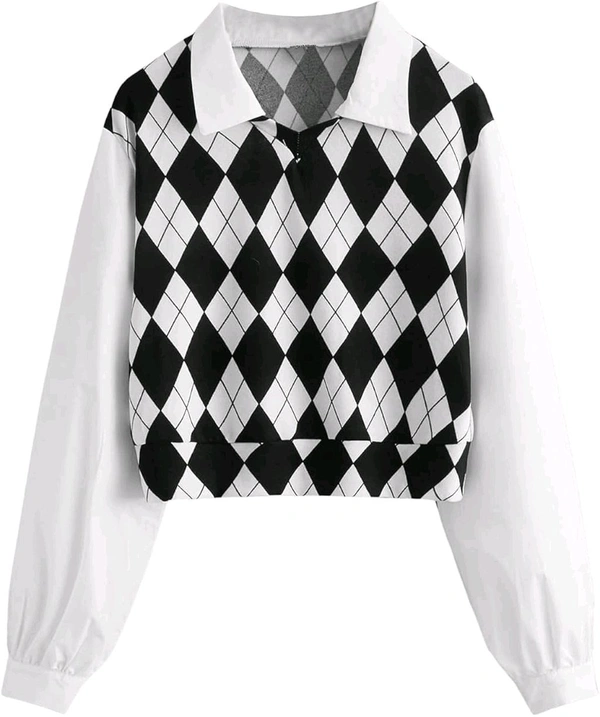 Women's Long Sleeve Crop Top Argyle Print Contrast Collar Blouse Shirt - White, XL