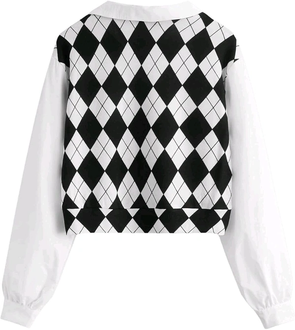 Women's Long Sleeve Crop Top Argyle Print Contrast Collar Blouse Shirt - White, XL