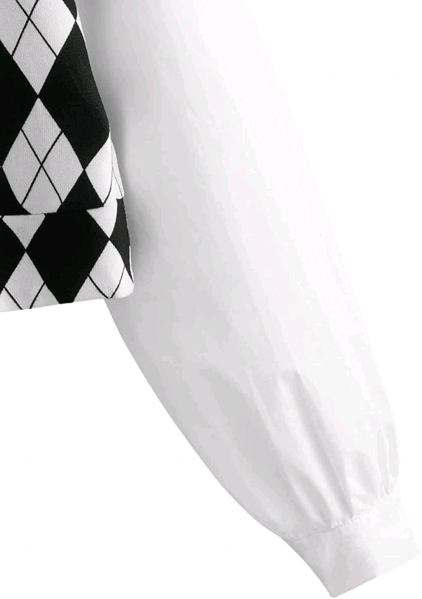Women's Long Sleeve Crop Top Argyle Print Contrast Collar Blouse Shirt - White, XL