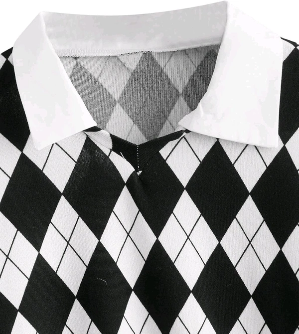 Women's Long Sleeve Crop Top Argyle Print Contrast Collar Blouse Shirt - White, XL