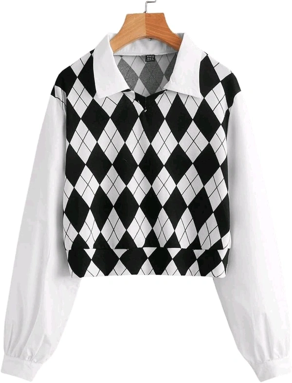 Women's Long Sleeve Crop Top Argyle Print Contrast Collar Blouse Shirt - White, XL