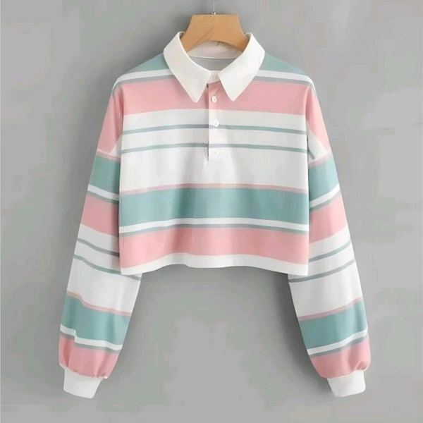 Women's Long Sleeve T-Shirt Button Front Striped Polo Shirt Croped Pullover Sweatshirt Top Blouse Casual Drop Shoulder Top - White, L