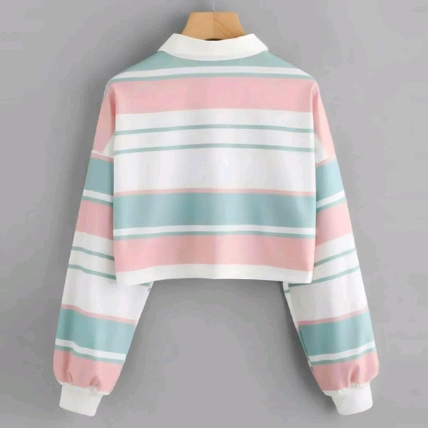 Women's Long Sleeve T-Shirt Button Front Striped Polo Shirt Croped Pullover Sweatshirt Top Blouse Casual Drop Shoulder Top - White, L