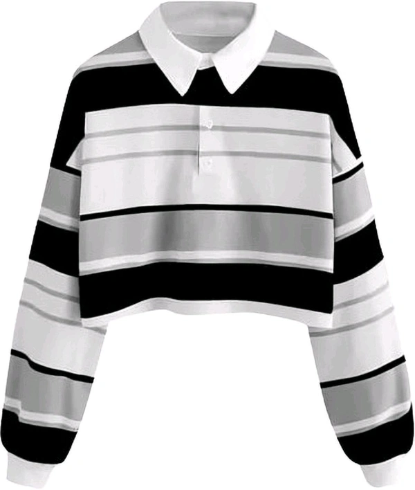 Women's Long Sleeve T-Shirt Button Front Striped Polo Shirt Croped Pullover Sweatshirt Top Blouse Casual Drop Shoulder Top - Black, XL