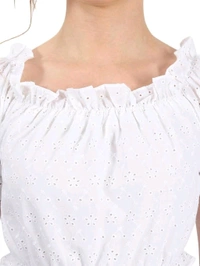 White Self Design Puff Sleeve Schiffli Blouson Crop Top - White, M