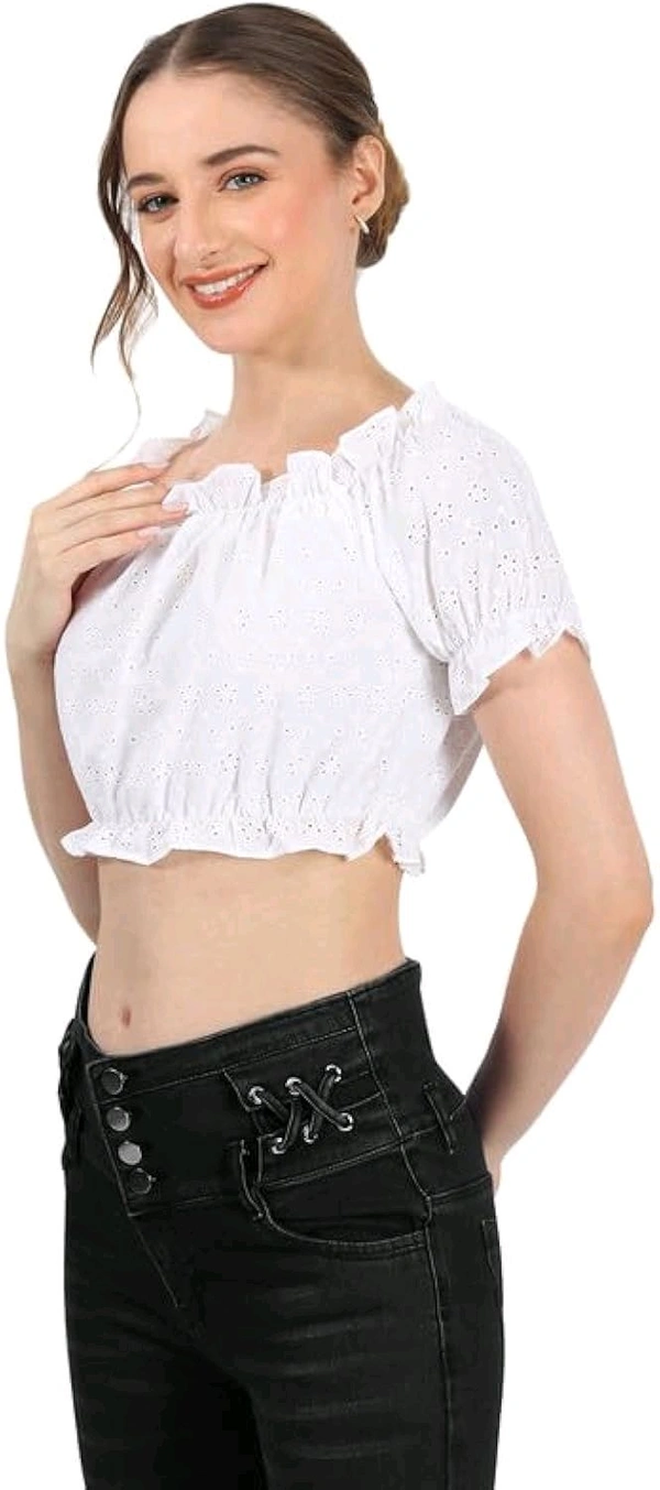 White Self Design Puff Sleeve Schiffli Blouson Crop Top - White, XL