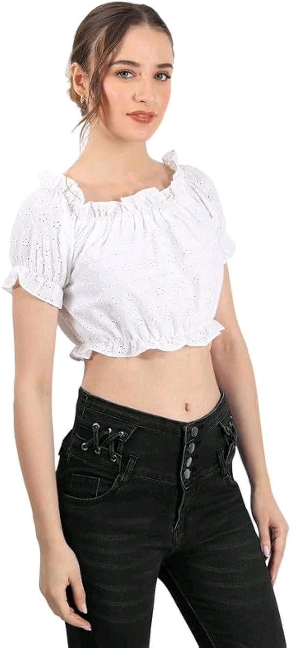 White Self Design Puff Sleeve Schiffli Blouson Crop Top - White, XL
