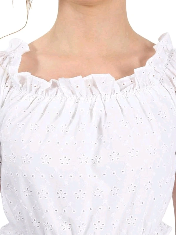 White Self Design Puff Sleeve Schiffli Blouson Crop Top - White, XL